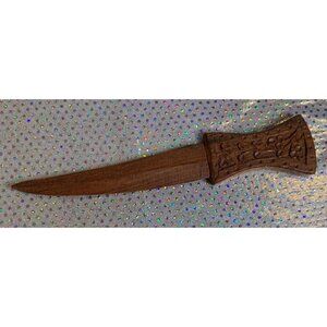 Hand-Carved Vintage Wooden Letter Opener With Ornate Floral Handle Detail 9"